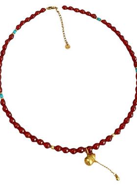 大米饰品】新中式金色葫芦吊坠红玛瑙串珠项链2024新款爆款锁骨链