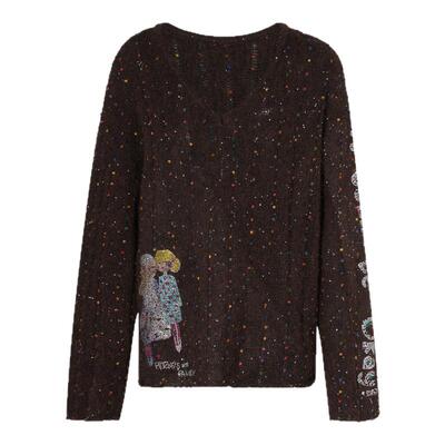 TCH枯树咖韵彩色点缀绵羊毛宽松V领针织衫女2025秋冬T75C09E5122