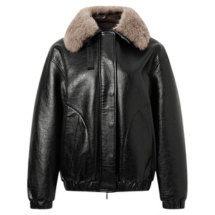 ChicChick时髦小鸡 甄选羊剪绒真毛毛领黑色油蜡肌理感夹棉皮外套