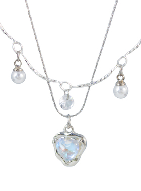 双层蓝色爱心珍珠锁骨链