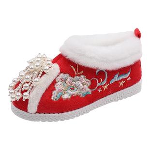 2025冬季女童加绒加厚汉服鞋中小童棉鞋红色拜年鞋儿童保暖绣花鞋
