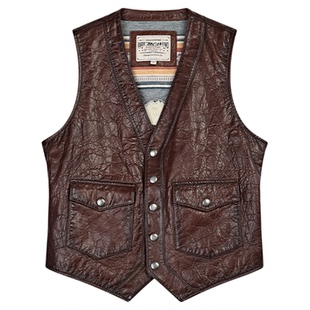 MCS男装源自万宝路25年秋季新款复古工装V领紧身绵羊皮皮衣马甲男