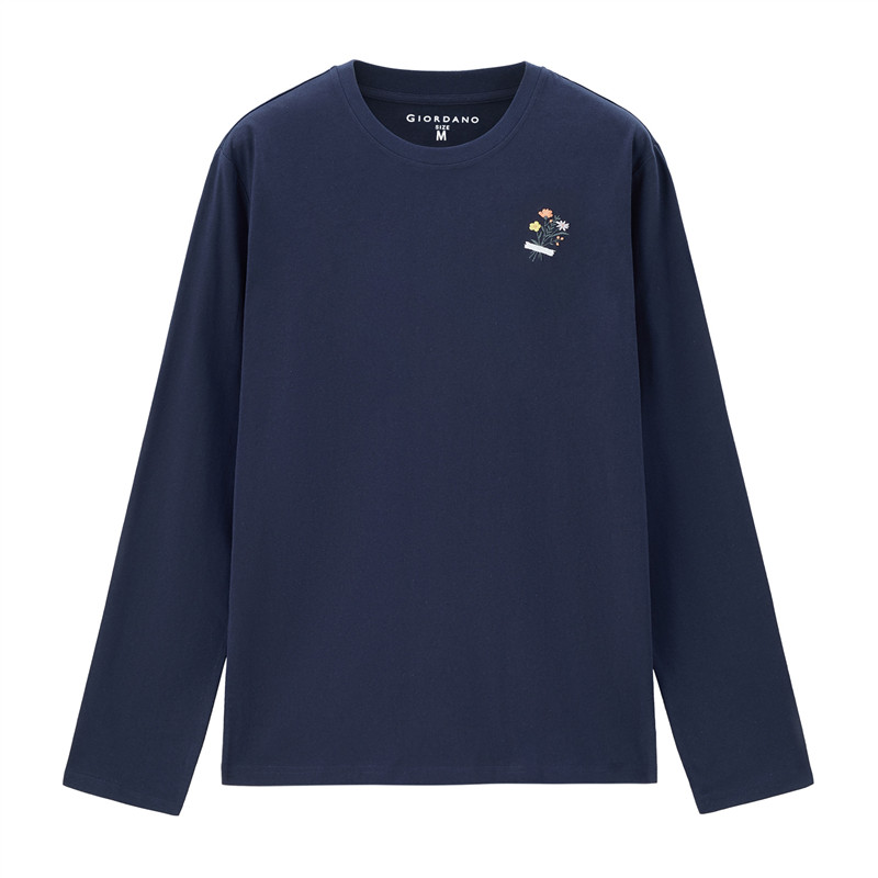 佐丹奴长袖T恤女新款纯棉打底衫甜美花朵刺绣圆领套头衫13324792