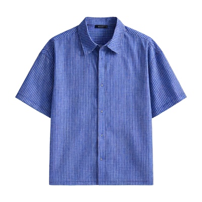 Dream made 皇家蓝色格子抽绳短袖衬衫男款夏季休闲miu系男生衬衣