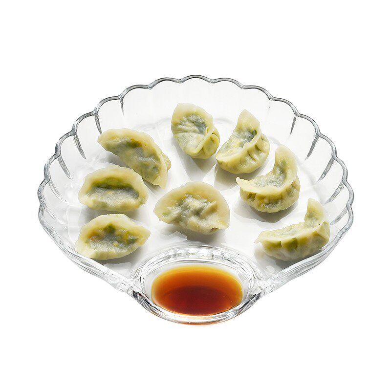 玻璃饺子盘子带醋碟减脂分餐盘家用扇形贝壳水饺专用盘蘸料盘一体