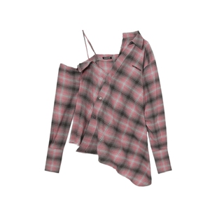 【容祖儿同款】IT GROUNDZERO女装不对称格纹设计感单肩吊带上衣