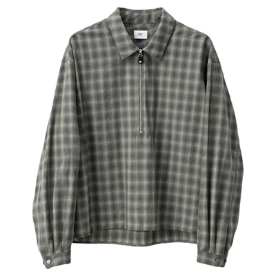 COMMON SCENTS色织格纹110g/m²皮袢拉链半开襟短宽箱型衬衫