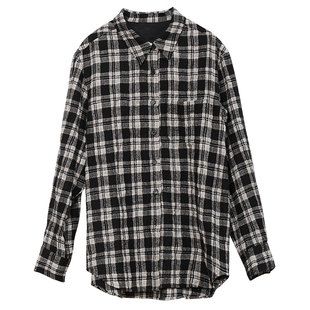 Carolingian高阶松弛！色织羊毛格纹微褶皱肌理衬衫 时尚复古上衣