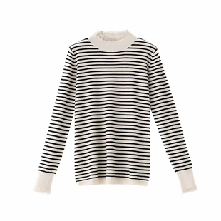 【松弛叠搭】官方冬季新款木耳边条纹针织衫女打底衫内搭套头毛衣