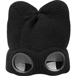 冬季女生毛线帽子时尚俏皮潮酷护目眼镜猫耳针织帽加绒保暖套头帽