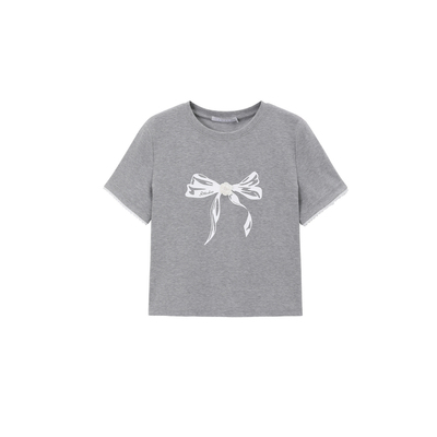 REVAN芮范设计师款少女感蝴蝶结花灰色T恤RL31001064