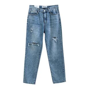 韩国howluk破洞萝卜裤高腰宽松牛仔裤女秋季长裤修身显瘦直筒裤