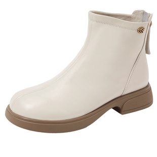 康莉羊皮短靴女冬季新款米色真皮中跟百搭时尚复古粗跟配裙子靴子