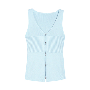 NEVA HU 镂空V领无袖针织开衫女外穿夏季设计感修身显瘦辣妹上衣