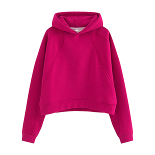 巨好看的火龙果色短款连帽卫衣女款秋冬加绒加厚新款套头宽松上衣