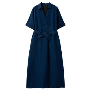 一丝牵 香云纱气质蓝龟V领真丝衬衫式连衣裙有口袋宽腰带夏季