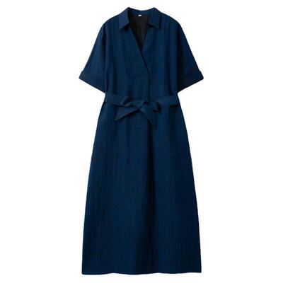 一丝牵 100%桑蚕丝香云纱蓝龟V领真丝衬衫式连衣裙有口袋宽腰带夏