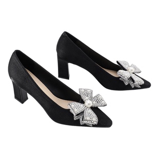 黑色高跟鞋粗跟单鞋女小个子显高新款珍珠尖头玛丽珍配旗袍的鞋子