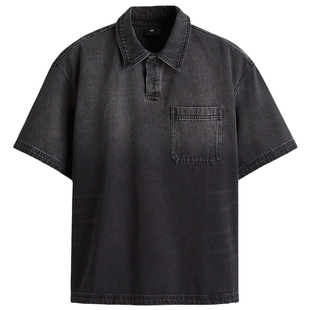 HM男装POLO衫春季商务通勤翻领复古宽松牛仔短袖1288843