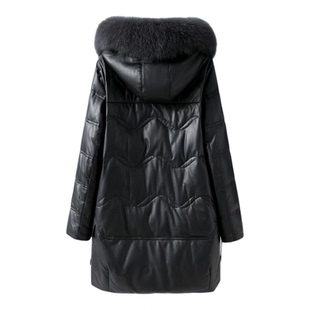 真皮羽绒服女外套2025新款狐狸毛领连帽妈妈装黑色皮衣绵羊皮加厚