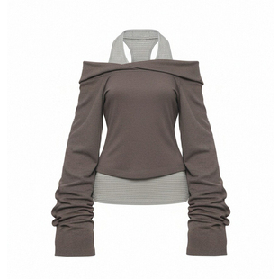 SPEAR YOUTH“爱屋及乌”两件套不规则衬衫一字领修身长袖T恤上衣