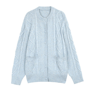 pusumede 北约冬季 复古扭花羊毛针织开衫女宽松休闲气质毛衣外套