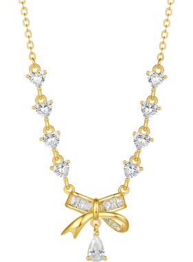 周六福S925银蝴蝶结链坠黄金色项链送女友节日礼物