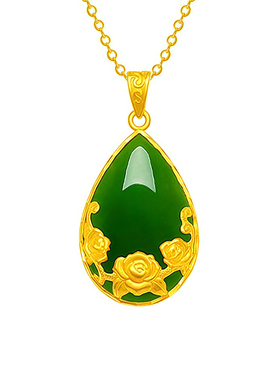 水滴花朵吊坠绿色女款项链水滴形绿花朵金色项链锁骨链七夕送老婆
