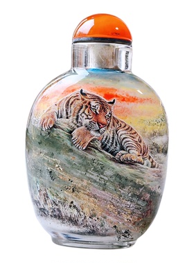 鲁派内画非遗]虎啸山河手绘天然水晶鼻烟壶 工艺品 收藏送礼佳品