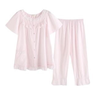 罗丝美春夏新品纯棉60支梭织布镶蕾丝短袖长裤睡衣女两件套13068