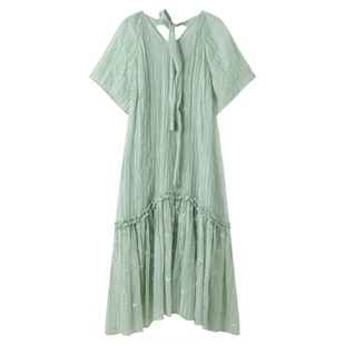 RUISHI芮时'缪斯女神'莱赛尔亚麻混纺手工钉珠压皱V领连衣裙女夏