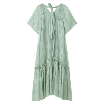 RUISHI芮时'缪斯女神'莱赛尔亚麻混纺手工钉珠压皱V领连衣裙女夏