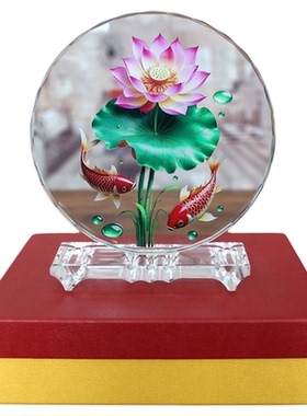 荷花鲤鱼聚财图水晶摆件创意礼物