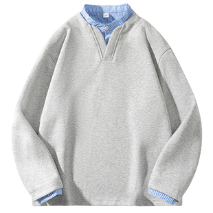 疯庞克亨利领卫衣男士春秋季2026新款假两件学院风加厚t恤上衣服