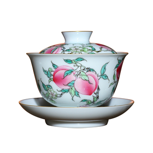 茶与器徐窑景德镇桃子粉彩九桃圆融三才盖碗手绘描金盖杯手工茶具