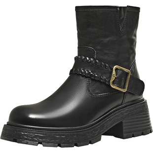 天美意复古厚底增高西部靴时装靴女鞋子休闲短靴皮靴2025冬季新款