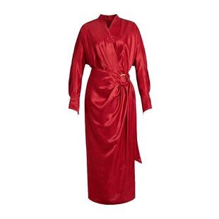 ZHUCHONGYUN2026春新款围裹式褶皱收腰缎面连衣裙