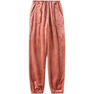 珊瑚绒睡裤男女士秋冬新款纯色加厚保暖家居裤收口法兰绒束脚裤子