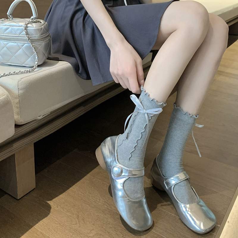 芭蕾风灰色蝴蝶结中筒袜春夏季小腿袜甜美罗莉塔jk短袜子配小皮鞋