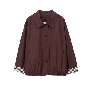 休闲短外套女春秋2026新款早春上衣大码宽松中年妈妈格子撞色夹克