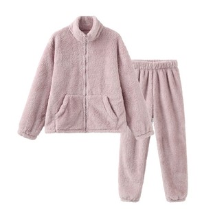 米图加厚软绵绵柔软珊瑚绒家居服套装女款冬季立领拉链睡衣可外穿