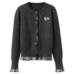 夕蒙2025新款秋冬韩系上衣小个子慵懒高级感深花灰拼接毛衣开衫女