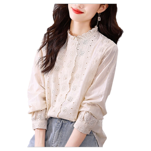 初影杏色绣花镂空衬衫女长袖2026春装别致上衣纯棉蕾丝木耳领衬衣