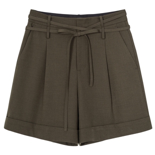 伊芙丽outlets店自然麻感翻折边装饰系带休闲短裤春夏裤子女裤