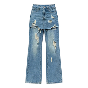 李李服饰微喇叭裤裙牛仔裤女2026夏季新款破洞假两件高腰显瘦长裤