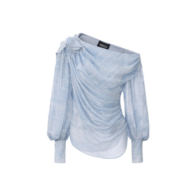 ARTEPURA牛仔斜肩花朵衬衫