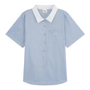 YUZI鱼子冰蓝条纹短袖衬衫大码女装夏季微胖mm显瘦遮肉刺绣氧气衫