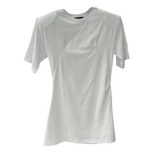 白色垫肩短袖T恤女中长款正肩女T恤纯棉收腰显瘦下摆开叉半袖上衣