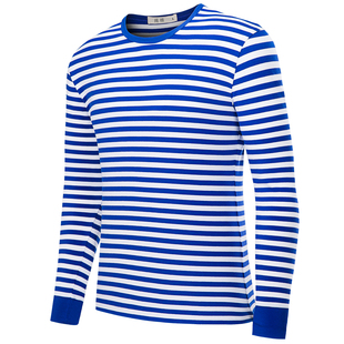 经典国货海魂衫长袖T恤男士加肥加大码爸爸装棉质蓝色条纹打底衫