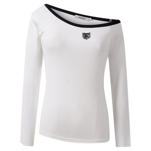 MARDI不对称斜肩长袖T恤女白色修身显瘦小众设计感休闲少女上衣